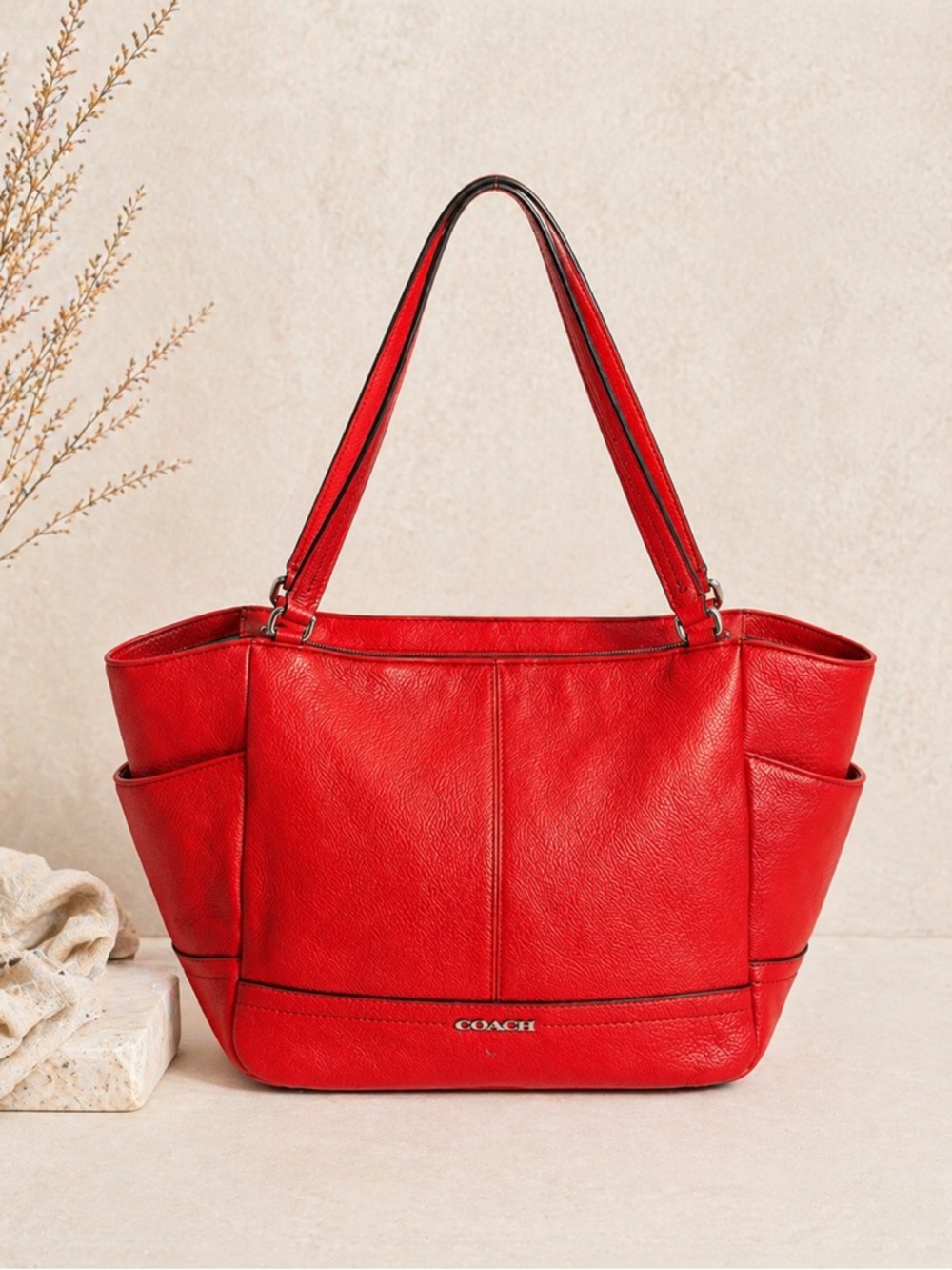 Coach Red Leather Tote Bag structured Shoulder Bag pebble leather